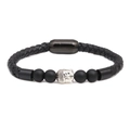 Men's 8mm black braided leather bracelet with matte beads and silver Buddha head magnet clasp - Antique Silver Buddha Head