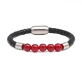 Bracciale in pelle intrecciata nera con perle di agata rossa e chiusura magnetica in metallo - Agata rossa