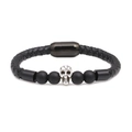 Men's punk braided leather bracelet with silver skull charm and matte beads - Antique Silver Skull