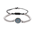 Ρυθμιζόμενο βραχιόλι Evil Eye με ασημένιες χάντρες και μπλε μικρο-ζιργκόν πέτρα - Λευκόχρυσο