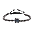 Woven bracelet with black beads and a blue micro-set zircon turtle charm for women - Gunmetal