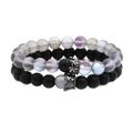 Moonstone crown couple bracelets set with matte black beads and elastic stretch cord - Set