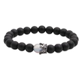 Matte grey moonstone beaded bracelet set with dark metal crown charm on white background - Black Matte Stone