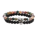 Lava rock and tiger eye beaded bracelet set with silver Yin Yang charms on white background - Indian Agate and Lava Stone