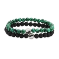 Lava stone and tiger eye beaded bracelet set with Yin Yang charms for men and women - Green Malachite and Lava Stone