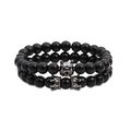 Polished black onyx beaded bracelet set with silver wolf head and crown charms - Gun Black Wolf Head and Crown Combination