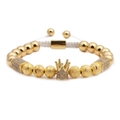 Men's adjustable braided bracelet with gold crown beads and micro-set zircon accents - Crown