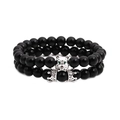 Polished black onyx bead bracelet set with silver wolf head and crown charms - Platinum Wolf Head and Crown Combination