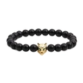 Bracelet en perles d'onyx noir poli avec tête de loup dorée et petits yeux verts - Tête de Loup Dorée