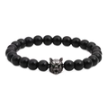 Détail du bracelet en perles d'onyx noir avec tête de loup aux yeux verts en métal - Tête de Loup Noir Fusil