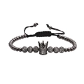 Herren Kronen Armband mit schwarzen Zirkonia Perlen und verstellbarem geflochtenem Seil - Waffenschwarz