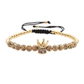 Bracelet couronne dorée luxueux avec perles en zircone colorées et cordon noir tressé - Doré