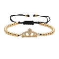 Pulsera de corona dorada ajustable con micro-pavé de circonitas en cordón negro fino - Dorado