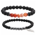 Ensemble de bracelets en perles d'agate et œil de tigre bleu avec pendentif plume - Style Combinaison Agate Rayée