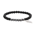 6/8mm Onyx und Hämatit Perlenarmband mit einem detaillierten silbernen Federanhänger - Mattschwarz mit Hämatit Feder (MB2-01002)