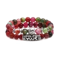 Stacked beaded agate bracelets with silver Buddha head and hollow metal cylinder beads - Buddha Head And Curved Tube Styles