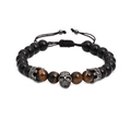 Detail of beaded bracelet showing natural black agate, tiger eye stones, and skull charm - Skull Style