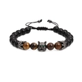 Men's beaded wolf head bracelet with black agate, tiger eye stones, and braided cord - Wolf Head Style