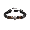Men's black onyx and tiger eye beaded bracelet with lion head and crown accents - Lion Head Style