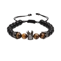 Black onyx beaded bracelet for men with tiger eye stones and cz crown charm - Crown Style