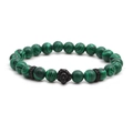 Stainless steel lion head bracelet with green malachite striped beads on white background - Black Lion Head