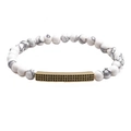 6mm white marble stone beaded bracelet with gold inlaid black zircon rectangle tube charm - White Howlite Bracelet