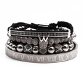 Ensemble de bracelets couronne noir et argent avec zircons et chiffres romains - Or Blanc