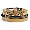 Ensemble de quatre bracelets de luxe pour hommes avec pendentif couronne et perles zircons - Doré