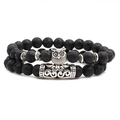 Ensemble de bracelets en perles de lave noire avec charm hibou et pendentifs vintage - Ensemble Hibou