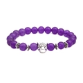 Détail d'un bracelet en perles violettes avec tête de léopard argentée et entretoises rétro - Tête de Léopard
