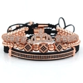 Three-piece rose gold crown bracelet set for men featuring black zircon bead accents - Rose Gold Set