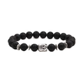 Détail macro du bracelet élastique en pierre de lave noire avec tête de Bouddha argentée - Tête de Bouddha