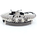 Silver crown beaded bracelet set with black stones and rhinestone accents for men - Platinum Set