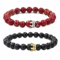Matte black and red stone beaded couple bracelets with zircon crown charms - Red Imperial Stone White Gold Crown Combination