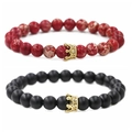 Matte black agate and red emperor stone beaded bracelets with micro-pave crown charms - Red Imperial Stone Gold Crown Combination