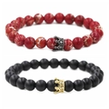 Detail of beaded bracelets with red marble, matte black stones and zircon crown charms - Red Imperial Stone Gun Black Crown Combination