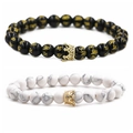 8mm white turquoise and black mantra bead couple bracelets with gold crown charms - White Turquoise Crown Mantra Gold Small Crown