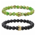 Ensemble de bracelets en pierre empereur verte et perles noires mat avec couronne - Ensemble Pierre d'Empire Verte Couronne Dorée
