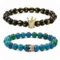 Minimalistische kroonarmbanden met zwarte mantra's en blauwe steentexturen voor koppels - Zes-Woorden Mantra Goud Grote Kroon Set