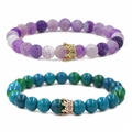 Beaded crown bracelets with purple and teal natural stone beads on a white background - Weathering Stone Gold Crown Set
