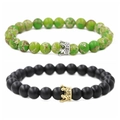 Ensemble de bracelets en perles de pierre empereur verte et pierre noire mate 8mm - Ensemble Pierre d'Empire Verte Couronne Argentée