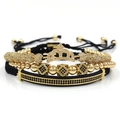 Men's 3-piece gold and black bracelet set with crown charm and cubic zirconia stones - Gold Set
