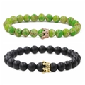 Bracelets en pierre noire mate et pierre empereur verte avec breloques couronnes serties - Ensemble Pierre d'Empire Verte Couronne Or Rose