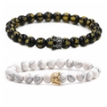 Detailed close-up of 8mm black mantra beads and white marble stone crown bracelets - White Turquoise & Mantra Gun Black Small Crown Set