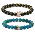 Kralenarmbanden met kroon en mantra-symbolen in zwarte en turquoise kleuren - Zes-Woorden Mantra Roségoud Grote Kroon Set