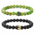 Bracelets de perles couronne en pierre empereur vert et noir mat de 8mm pour couples - Ensemble Pierre d'Empire Verte Couronne Noir Fusil