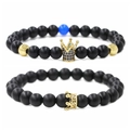 Matte black stone beaded crown bracelets with micro-inlaid cubic zirconia for couples - Matte Black Stone Small Crown + Blue Zirconia Gold Large Crown