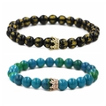Detail of beaded crown bracelets featuring black mantra beads and turquoise style beads - Six Word Mantra Gold Small Crown Set