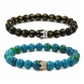 Buddhist mantra beads and imperial stone crown bracelets for couples on white background - Six Word Mantra White Gold Small Crown Set