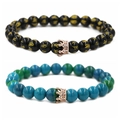 Crown beaded bracelets with black mantra beads and turquoise style natural stones - Six Word Mantra Rose Gold Small Crown Set